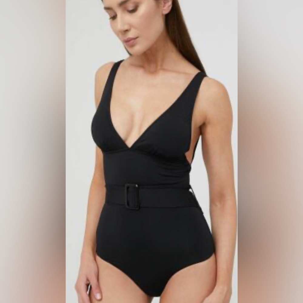 Only Black One Piece Swimsuit with Belted Waist